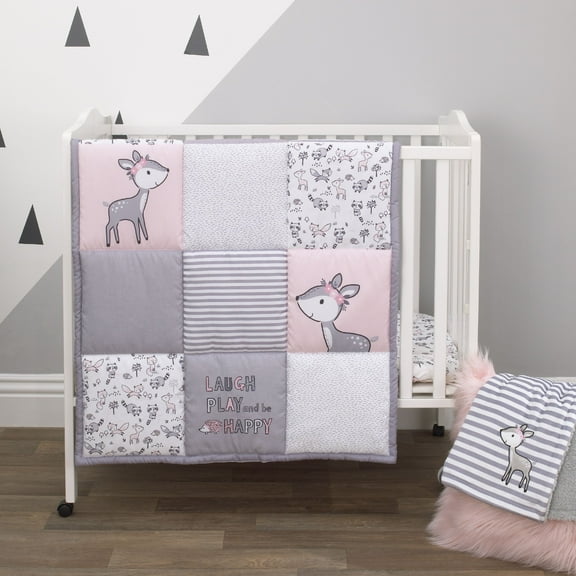 Little Love by NoJo Sweet Deer Grey, Pink 3-Piece Mini Porta Crib Bedding Set, Comforter, 2 Sheets, Girl Infant Nursery