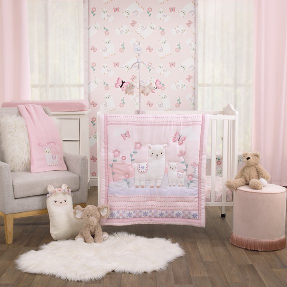 Little Love by NoJo Sweet Llama and Butterflies 3PC Mini Porta Crib Bedding Set, Pink, Purple, Girl - Comforter ,two sheets