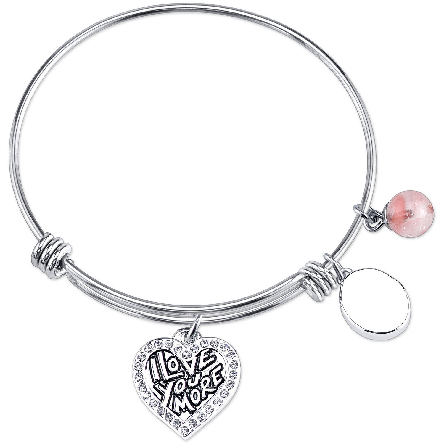 Little Luxuries 8mm Cherry Quartz and Crystal Stainless Steel "I Love You More" Heart Bead Bangle Bracelet, 8" - image 1 of 2