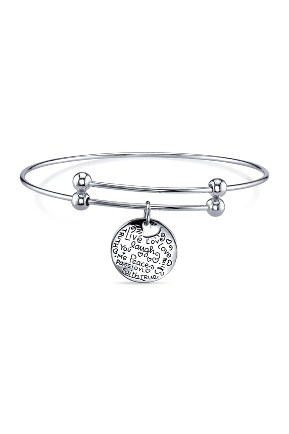 Sterling Silver Adjustable "Live Laugh Love" Graffiti Charm Bangle Bracelet
