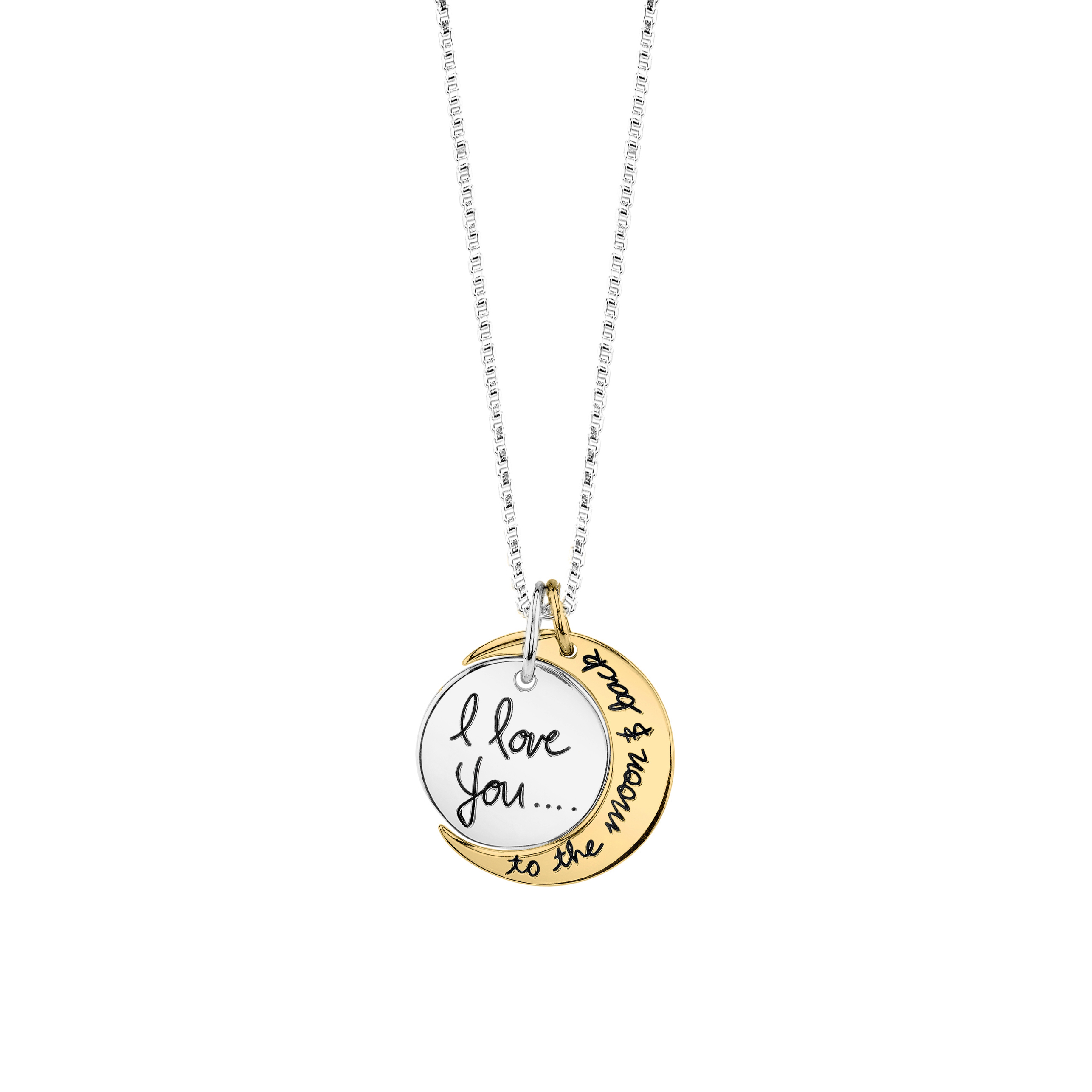 Little Luxuries Two Tone Sterling Silver and Yellow Gold Flashed "I Love You To The Moon and Back" Pendant Necklace, 18" - image 1 of 2