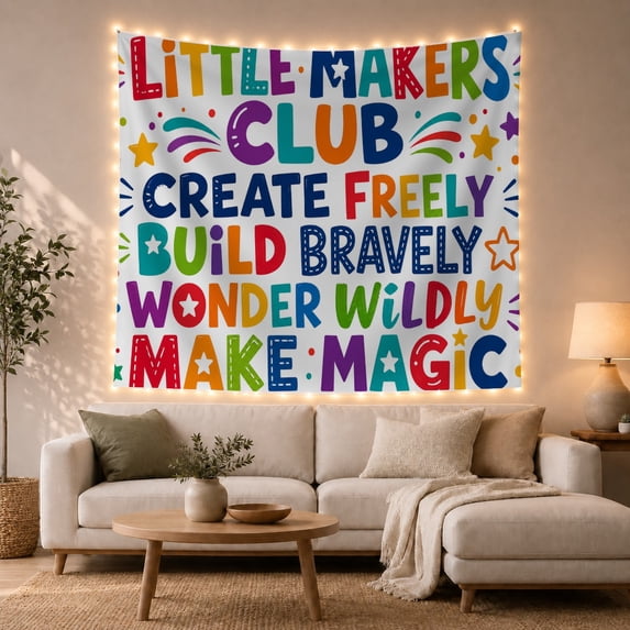 Little Makers Club in Rainbow Letters, Energetic Illustration for Kids, Creative Activity Wall Art, Back to School Gift, Tapestry Wall Hanging for Playroom, Classroom and Bedroom