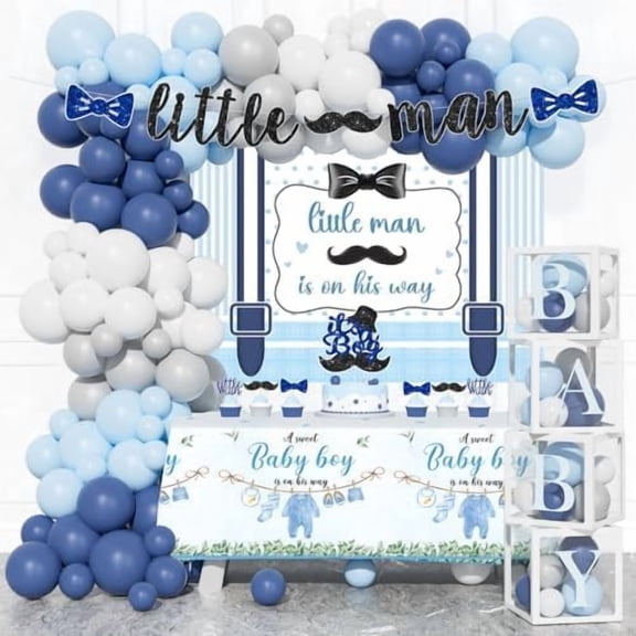 Little Man Baby Shower Decorations, 106 PCs - Unique Boy Baby Shower Party Supplies with Mustache and Bow Tie Backdrop, Balloon Garland, Cake Topper, Sweet Boy Tablecloth