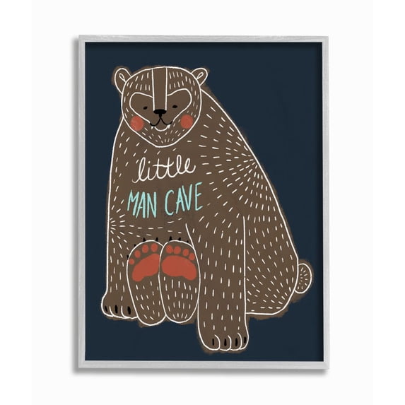 Little Man Cave Bear Drawing Kids Design Gray Farmhouse Rustic Framed Giclee Texturized Art by Daphne Polselli