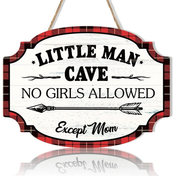 Little Man Cave Wooden Sign,Little Man Cave Wooden Hanging Wall Sign,Little Man Cave Wall Plaque Sign,Red & Black Buffalo Plaid Woodland Door Sign for Boys,Kids, Room,Bedroom,Nursery Decor (8”X11”)