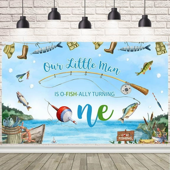 Our Little Man is O-fishally Turning One Blue Backdrop Gone Fishing 1st Birthday Decorations Banner Fishing Theme First Birthday Party Decorations Banner Photo Booth Props