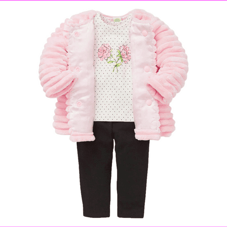 Little Me Kid’s 3-Piece Set: Pink Faux Fur Jacket, Shirt & Pants Size 4T