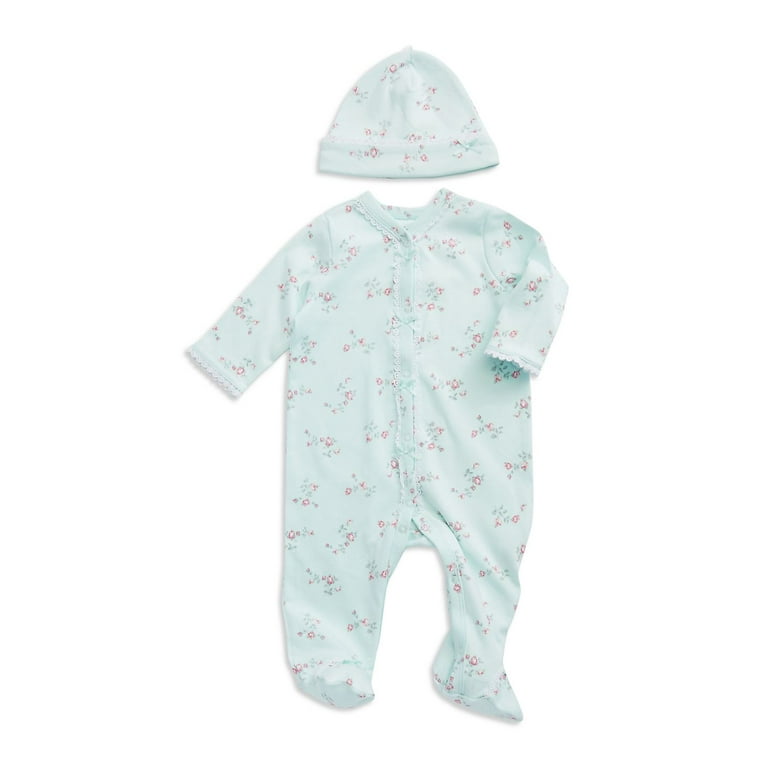 Little Me Size 3M 2 Piece Floral Spray Footie and Hat Set in Aqua