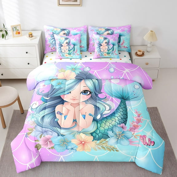 Mermaid 7 Piece Comforter Set Full Bed in a Bag,Ocean Decor Cute Bedding Sets Glitter Fish Scale Starfish Sheet Set with Comforter