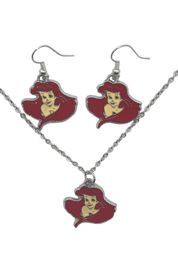 Little Mermaid Ariel Character Face Metal Pendant Necklace And Earrings Set