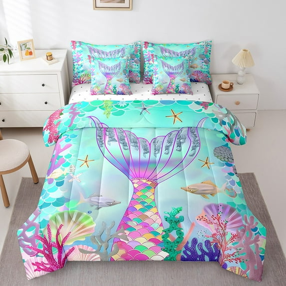 Mermaid Bed in a Bag King Size Comforter Set 7 Pieces,Rainbow Coral Bedding Set Watercolor Fish Scales Sheet Sets with Comforter Underwater World Bed Set,Nautical Sea Animal Room Decor
