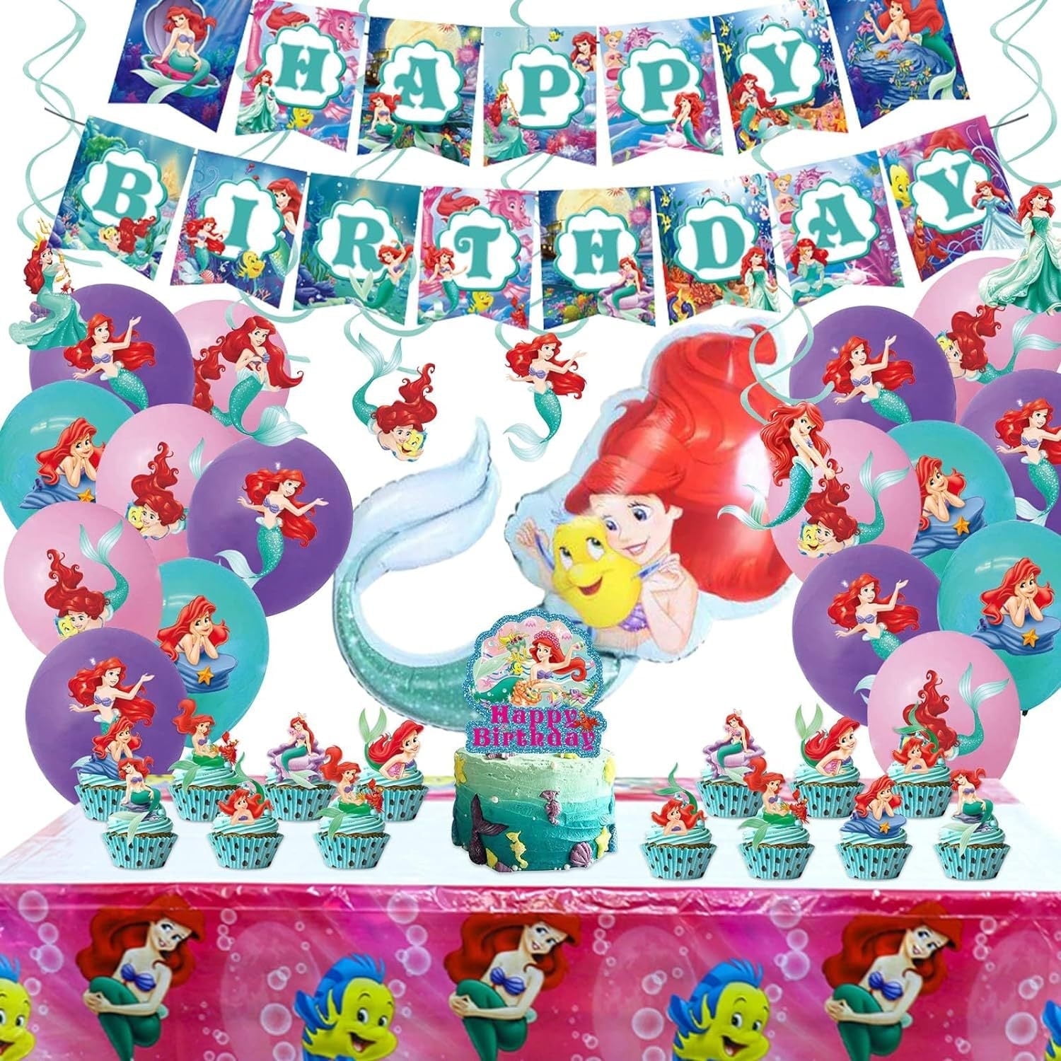 The Cartoon Birthday Decorations, Include Happy Birthday Banner, Cake Topper and Cupcake Toppers, Hanging Swirls, Foil Balloons, Tablecloth, Balloons for Kids Party Dcor