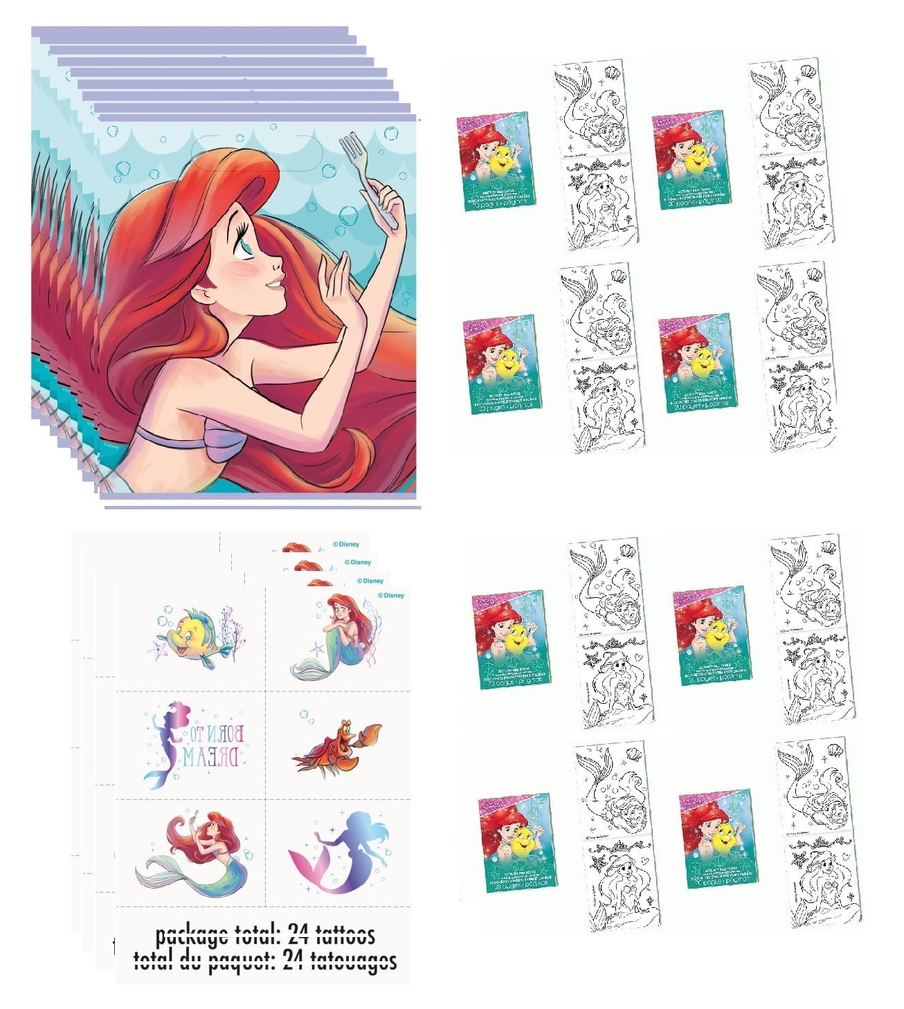 Little Mermaid Birthday Party Bundle includes 8 Plastic Loot Bags, 8 Activity Pads, 24 Tattoos, 1 Dinosaur Sticker Sheet