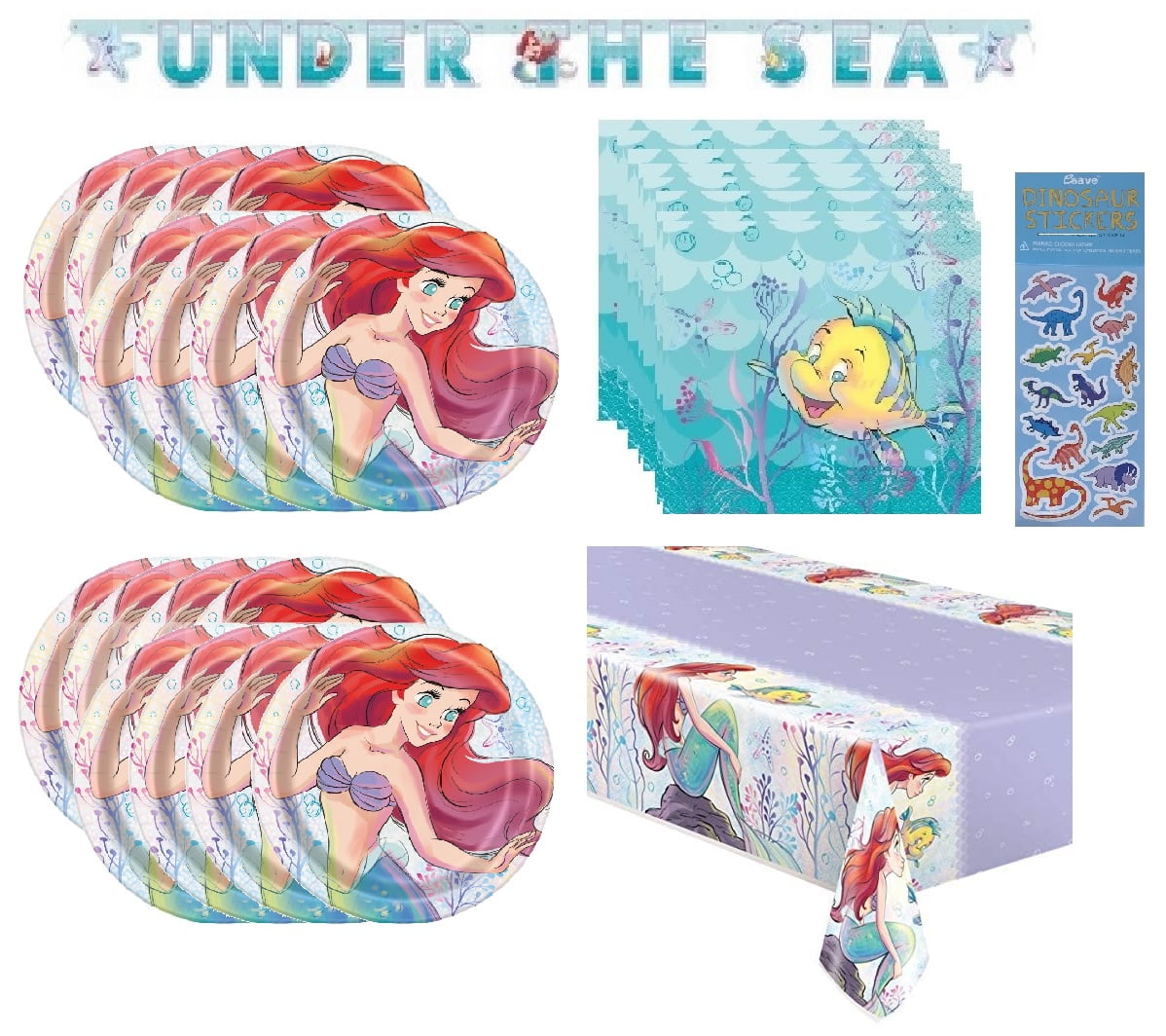 The Little Mermaid Birthday Party Supplies Bundle includes 16 Lunch Paper Plates, 16 Napkins 2-Ply 6.5", 1 Plastic Table Cover, 1 "Under the Sea" Banner, 1 Dinosaur Sticker Sheet