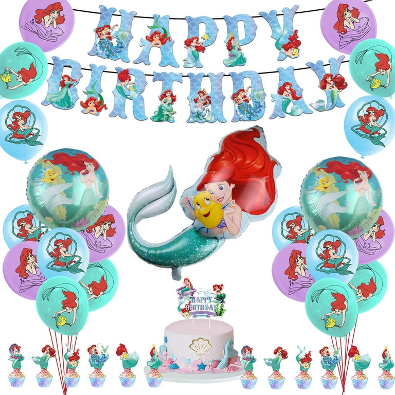 Little Mermaid Birthday Party Supplies Birthday Decorations Banner Mermaid  Balloons Cake Topper Cupcake Toppers for Mermaid Theme Girls Birthday Baby