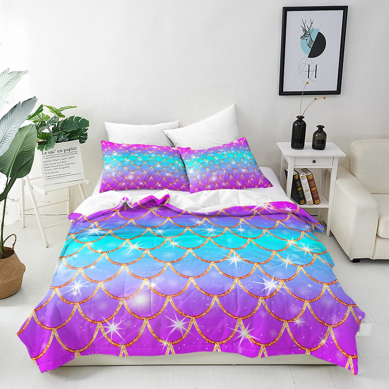 Little Mermaid Duvet Cover Set Space Mermaid Bed Set Purple Mermaid