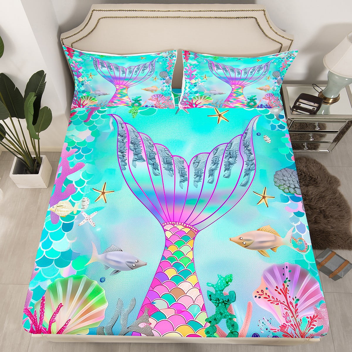 Mermaid Twin Fitted Sheet Set - Shimmery Undersea Print Microfiber Bedding For Kids & Teens