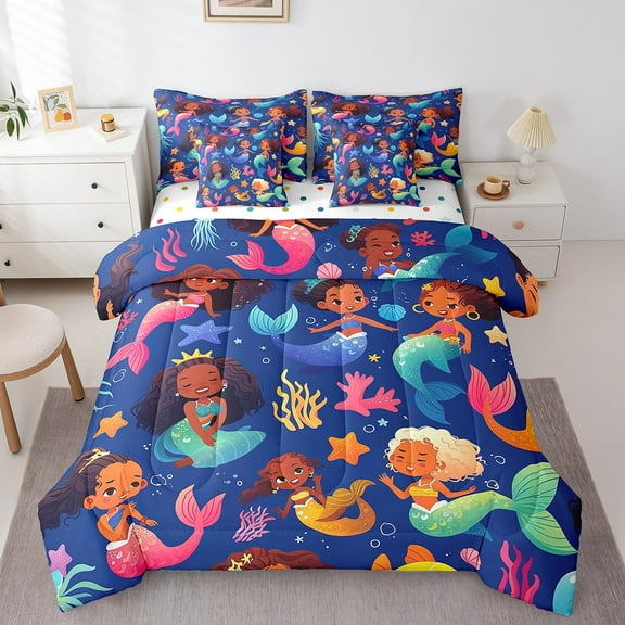 Mermaid Princess Comforter Set 7 Piece Bed in a Bag Twin,Afro Hair Bedding Sets Ocean Coral Starfish American Black Sheet Set with Comforter