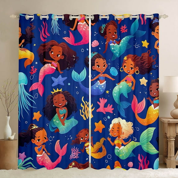 Mermaid Princess Curtains Afro Blackout Curtains American African Magical Ocean Curtains & Drapes Black Hair Curtains 2 Panels 42"Wx84"L,Shell Starfish Kawaii Room Decor