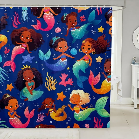Mermaid Princess Shower Curtain Afro Hair Bath Curtain,Cute Afro Melanin Ocean Bathroom Shower Curtain Sets,American Black Bathroom Accessories Coral