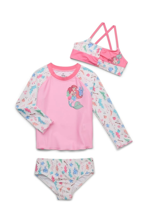 Character Toddler Girl Rash Guard and Bikini Swimsuit Set, 3-Piece, Sizes 12M-5T