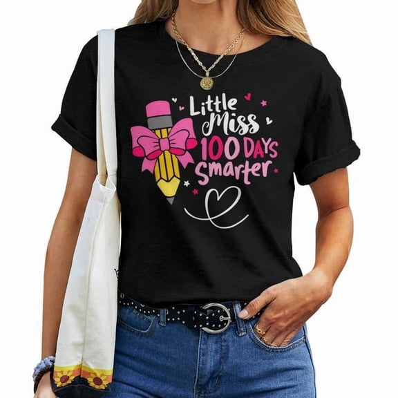 Little Miss 100 Days Smarter Graphic Tee Girls Youth Cotton Shirt for 100th Day of School Celebration, Fun Classroom Outfit, Cute Gift Idea for Smart Kids and Teachers, Size L, Color Black