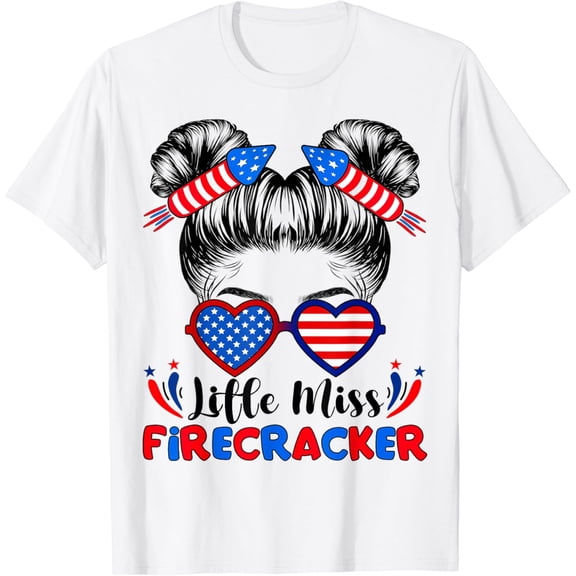 Little Miss Firecracker 4th Of July Girls Messy Bun USA Flag T-Shirt