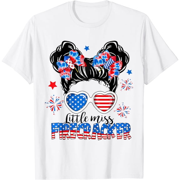 Little Miss Firecracker Messy Bun Girls Kids 4th Of July T-Shirt
