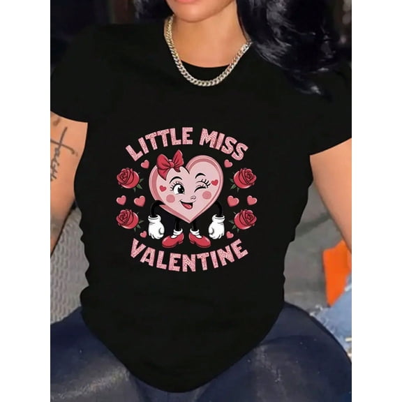 Little Miss Heart Graphic Valentine's Day Women Short Sleeve Casual Tee