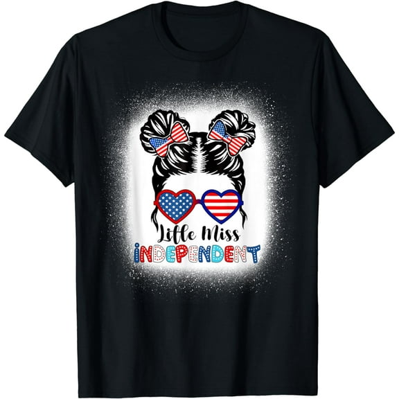 Little Miss Independent 4th Of July Girls Messy Bun USA Flag T-Shirt