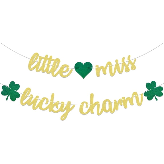 Little Miss Lucky Charm Banner - Lucky Themed Baby Shower Decor, St.Patrick's Day Birthday Baby Shower Decoration Gold Glitter