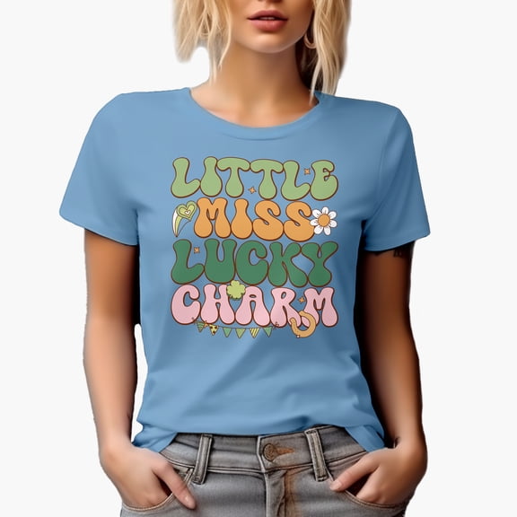 Little Miss Lucky Charm, Groovy Text, St. Patrick's Day, Baby Blue T-Shirt, 2XL