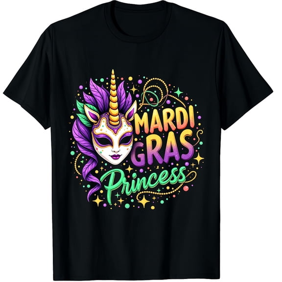 Little Miss Mardi Gras Princess Unicorn Graphic Black T-Shirt for Men and Women