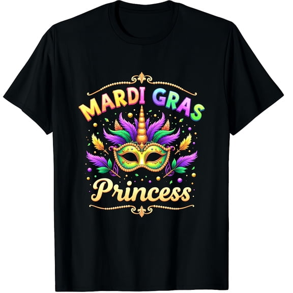 Little Miss Mardi Gras Princess Unicorn Graphic Crew Neck Short Sleeve T-Shirts (Men's, Women's)