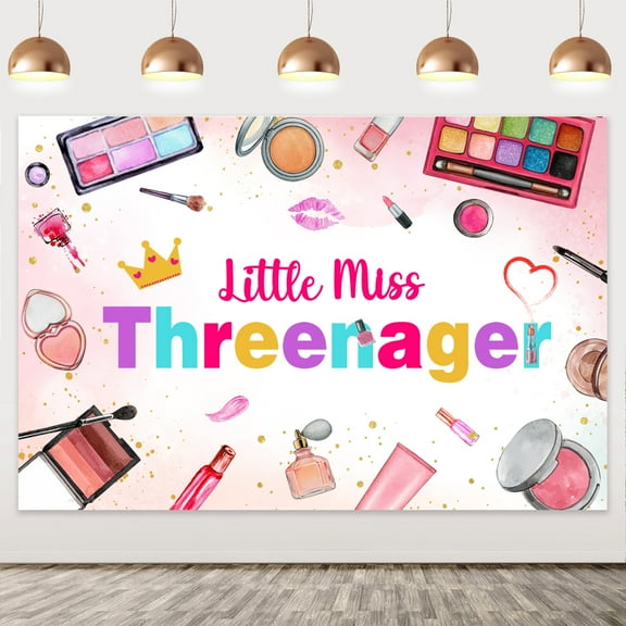 Little Miss Threenager Birthday Decorations, 3rd Birthday Decorations for Girls, Makeup Backdrop, Lipstick Lips Number 3 Foil Balloon for 3 Year Old Girls