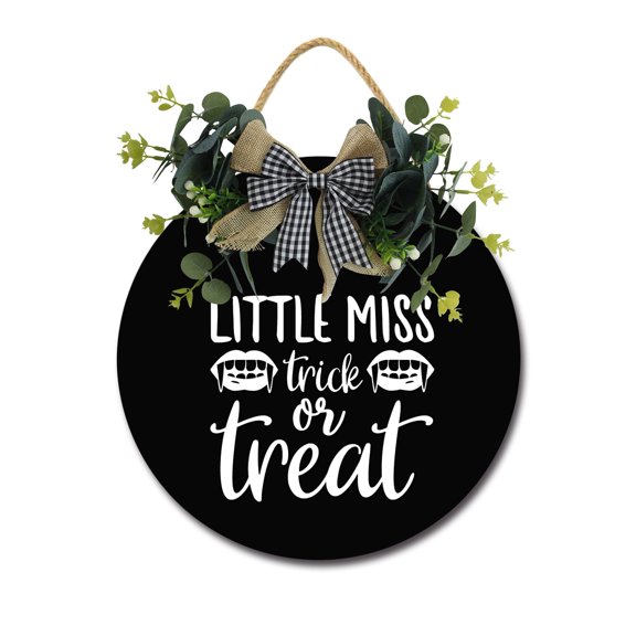 Little Miss Trick Or Treat Door Sign Home Decor Round Wood Wreaths Wall Hanging Sign Farmhouse Porch Sign Front Door Decoration for Housewarming Gift All Seasons Holiday