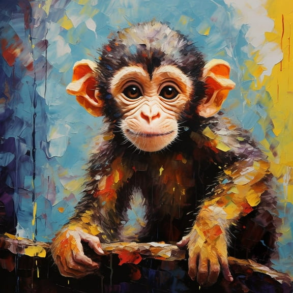 Little Monkey on Branch 5D Diamond Art Painting by Number Kits for Adults DIY Paint with Full Drill Round Diamond Gems Painting Art Craft for Home Wall Decoration 13.8x13.8in