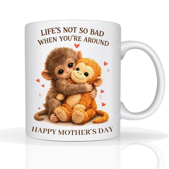 Little Monkey Mothers Day Water Cup, Punch and His Bear Mug, 11oz Ceramic Coffee Cup, Present for Stepmum, Grandma from Daughter, Son