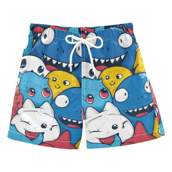 Little Monster Cartoon Doodle Boys Swim Trunks Quick Dry Boy Swim Shorts for 3-14 Years