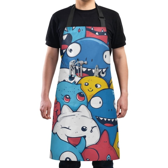 Little Monster Cartoon Doodle Chef Kitchen Apron with Pockets for Women Waterproof Aprons for Cooking Baking