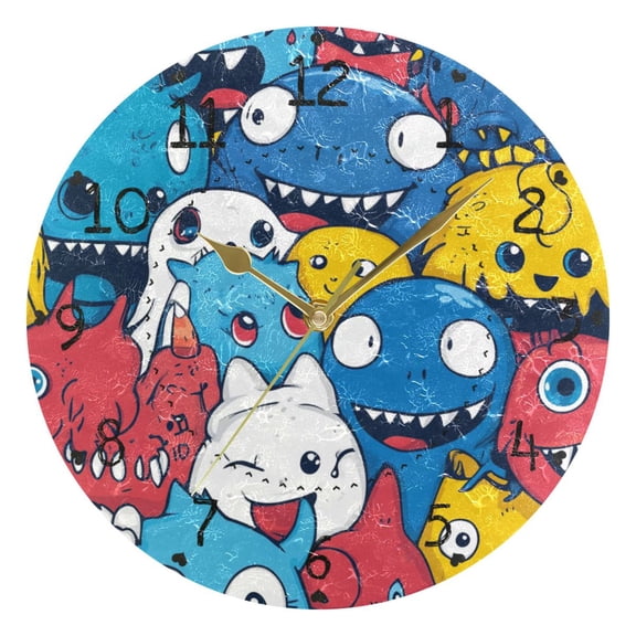 Little Monster Cartoon Doodle Round Wall Clock Silent Battery Operated Home Decor for Living Room Bedroom