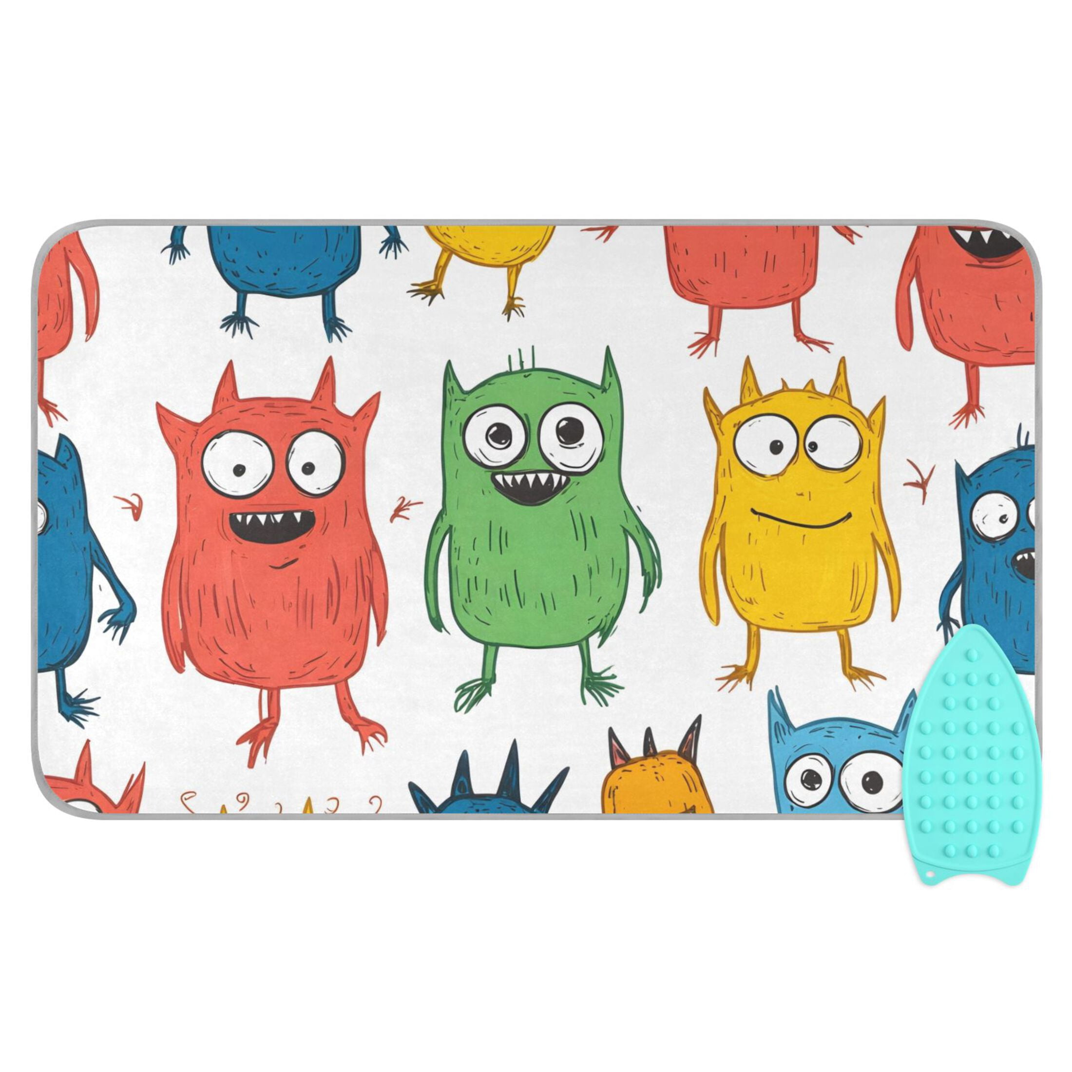 Little Monster Cartoon Doodle White Background Ironing Mat Blanket for Table Top Travel Portable Ironing Board Pad 47.2x27.6 Inch