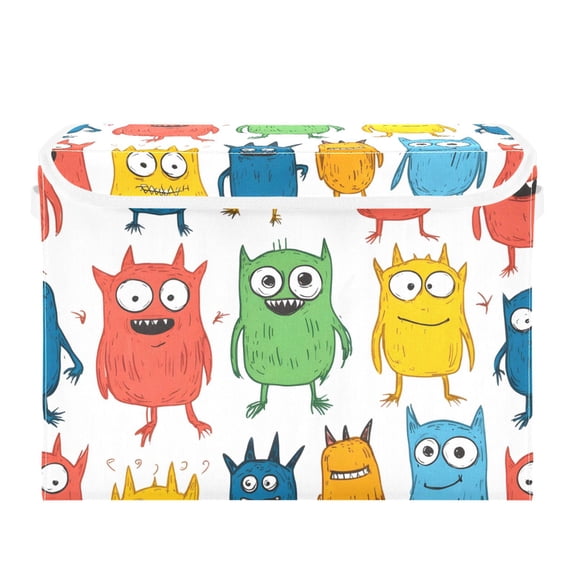 Little Monster Cartoon Doodle White Background Large Storage Bins with Linen Collapsible Lid Storage Box 16.7 x 12.6 x 11.8in