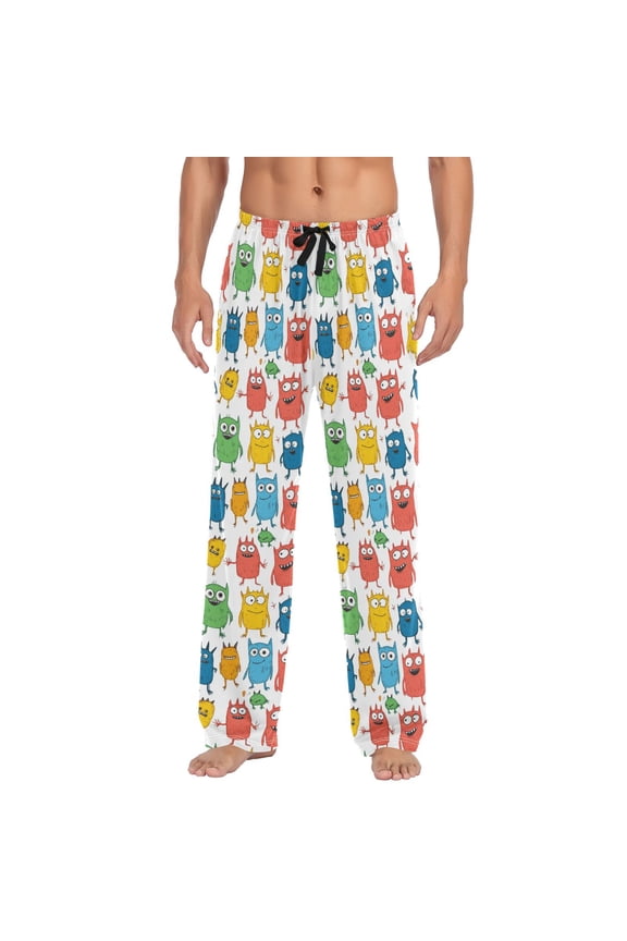 Little Monster Cartoon Doodle White Background Mens Pajama Pant Sleep and Lounge Bottons with Pockets