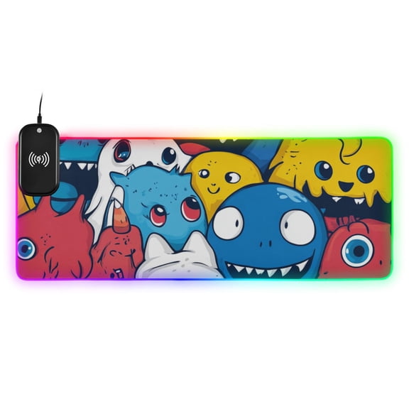 Little Monster Cartoon Doodle Wireless Charging RGB Gaming Mouse Pad Large Keyboard Mat Rubber Base 13 Light Modes