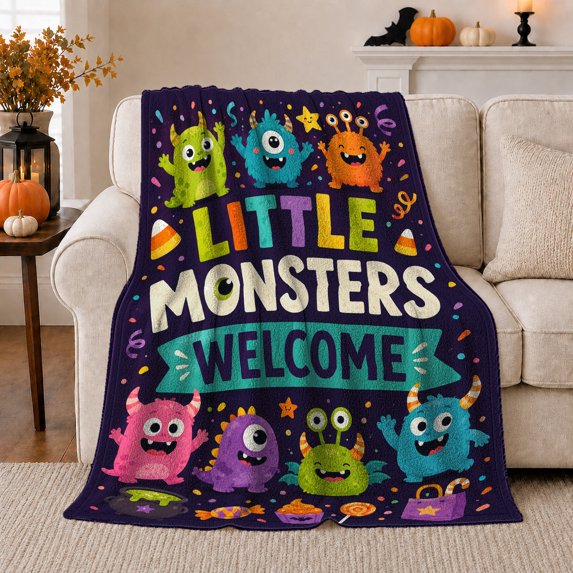 Little Monsters Welcome Party Candy Corn Playful Cartoon, Playful Artistic Scene, Warm Flannel Blanket for Home Library and Reading Nook, Art Lovers Housewarming Gift, Artistic Home Decor