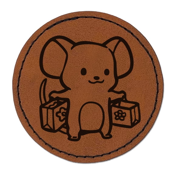 Little Mouse with Shopping Bags Round Iron-On Engraved Faux Leather Patch Applique - 2.5 Inch - Brown