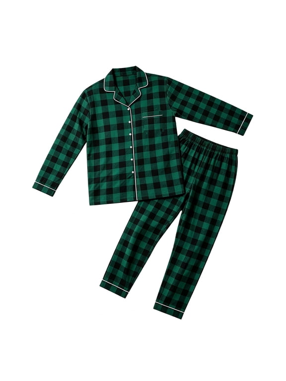 Little One YVNAURA Christmas Family Matching Pajamas Green Black Buffalo Plaid Set Button Down Notch Collar Long Sleeve Sleepwear White Piping Holiday Loungewear Pjs, Blackish Green,4T
