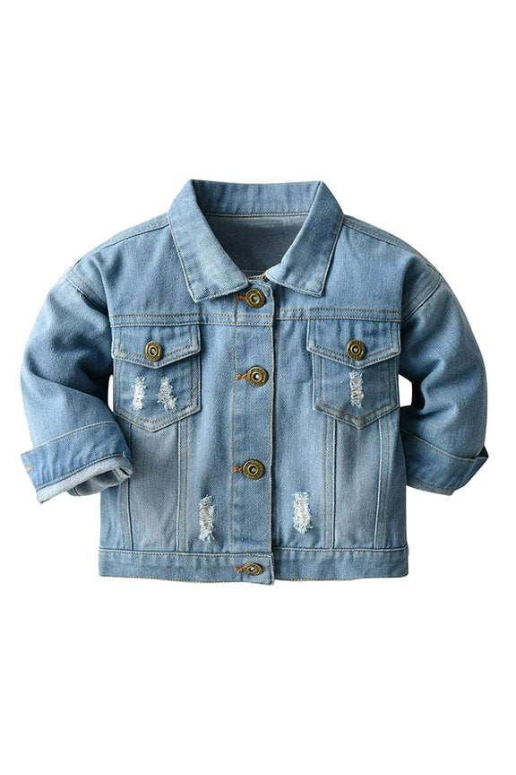 Little One's Denim Jacket with Ripped Pattern, Button Closure, Pockets, and Cozy Lining for Autumn/Winter