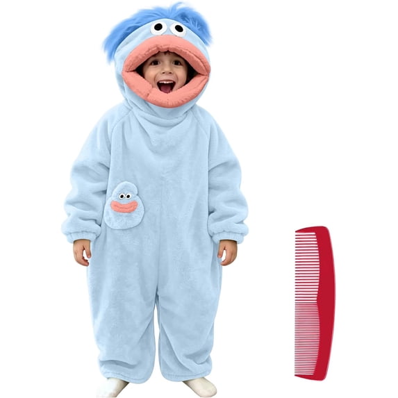 Little One's Fuzzy Blue Monster Costume Onesie, Soft Fleece Hooded Pajamas Bodysuit with Giant Grooming Comb for Halloween Party Dress Up